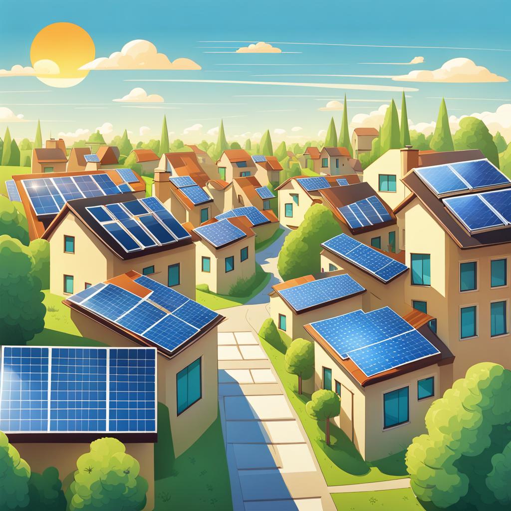 Paese con pannelli fotovoltaici, immagine cartoon